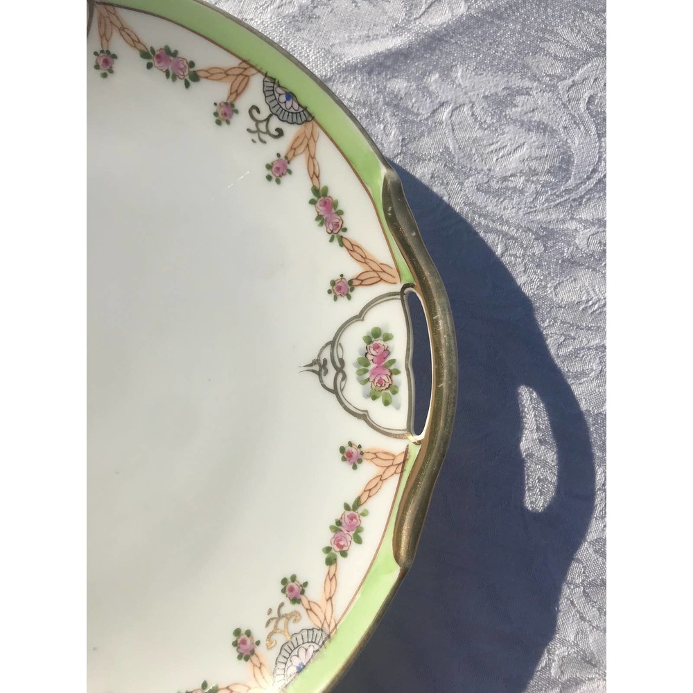 SALE!! Antique 1910s Hand-Painted Nippon Gold Trim Cake Plate with Handles